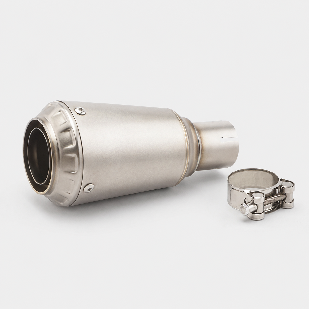 CFMOTO 450SR slip-on muffler product and mounting clamp view