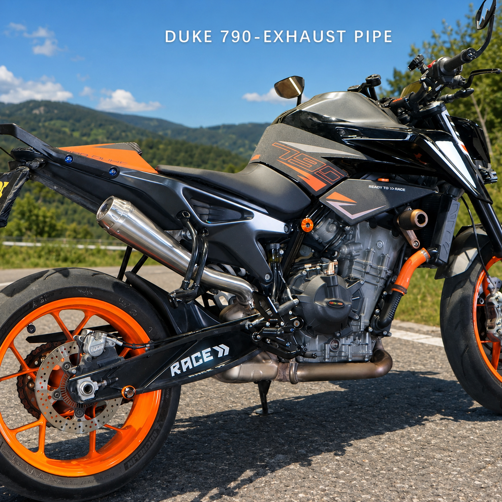 KTM 790 Duke installed exhaust outdoors
