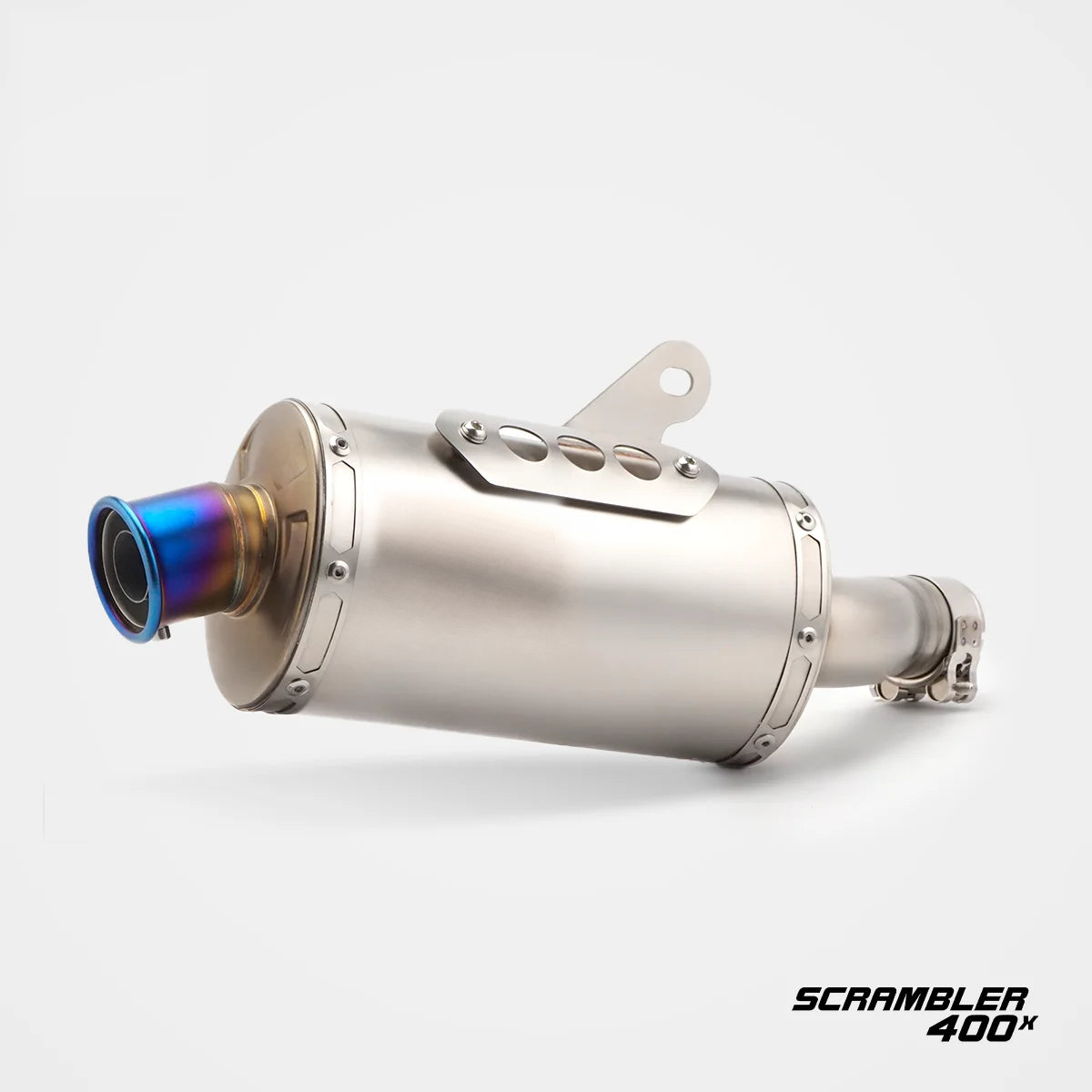 Triumph Scrambler 400 X clean slip-on exhaust with blue-finish outlet