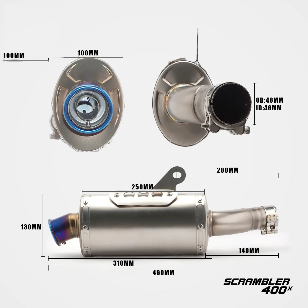 Triumph Scrambler 400 X exhaust dimensions and specifications