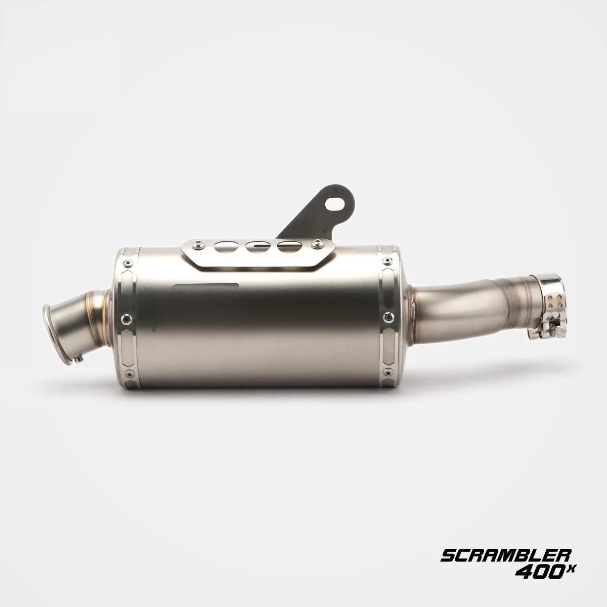 Triumph Scrambler 400 X clean standard outlet exhaust side view