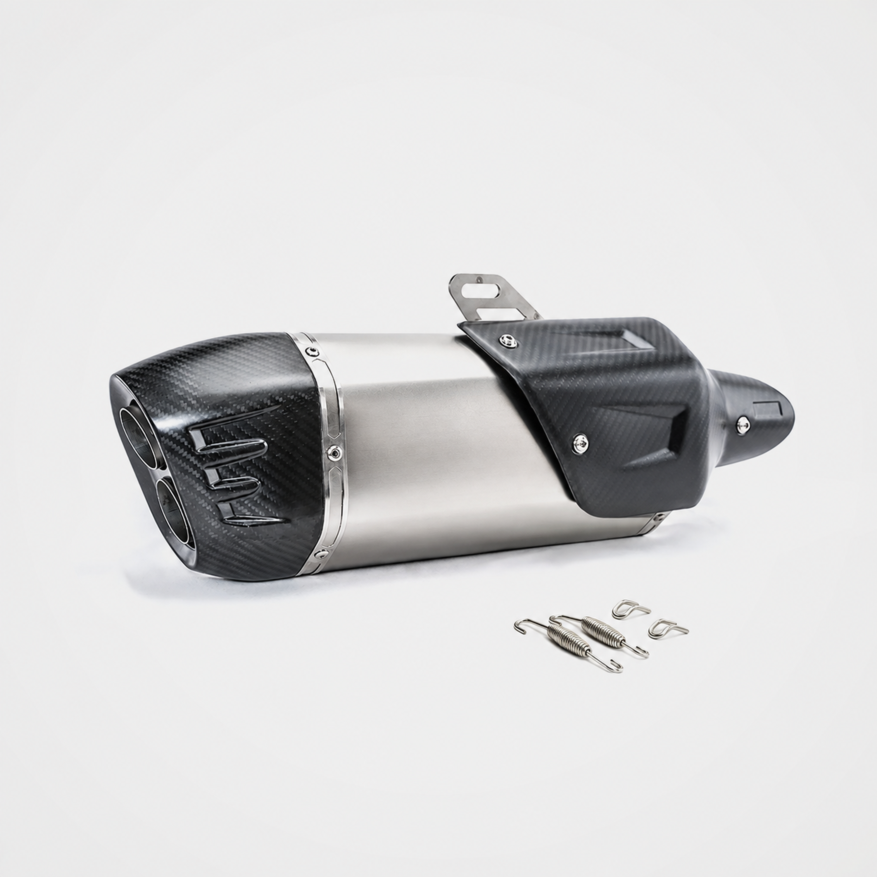Universal 51mm silver carbon-tip dual-outlet muffler overview