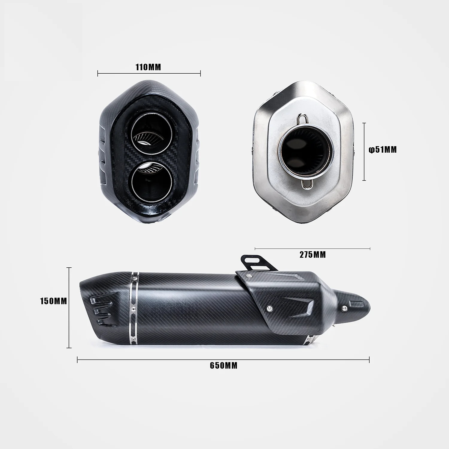 Universal 51mm carbon-tip muffler 650mm dimensions