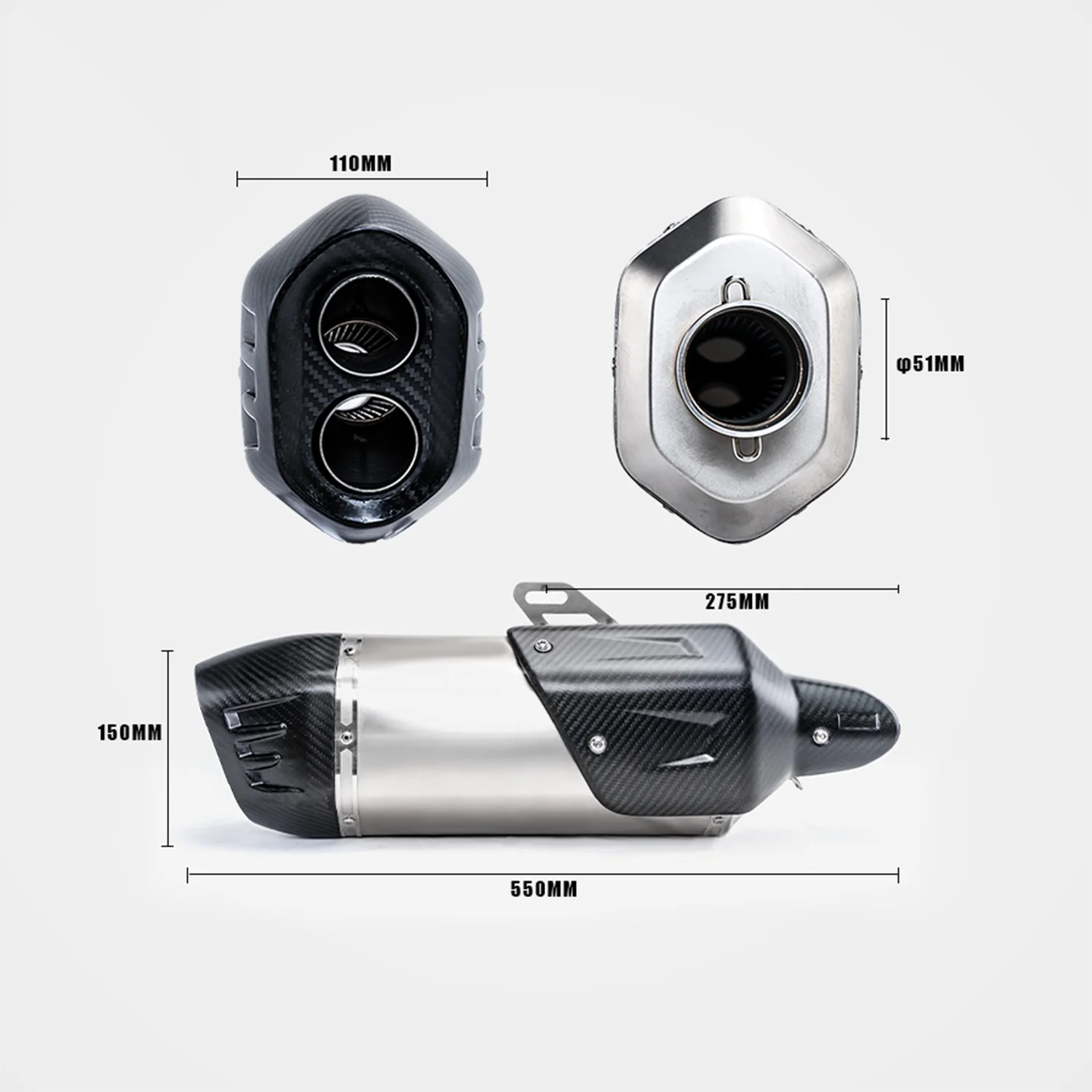 Universal 51mm silver carbon-tip muffler 550mm dimensions