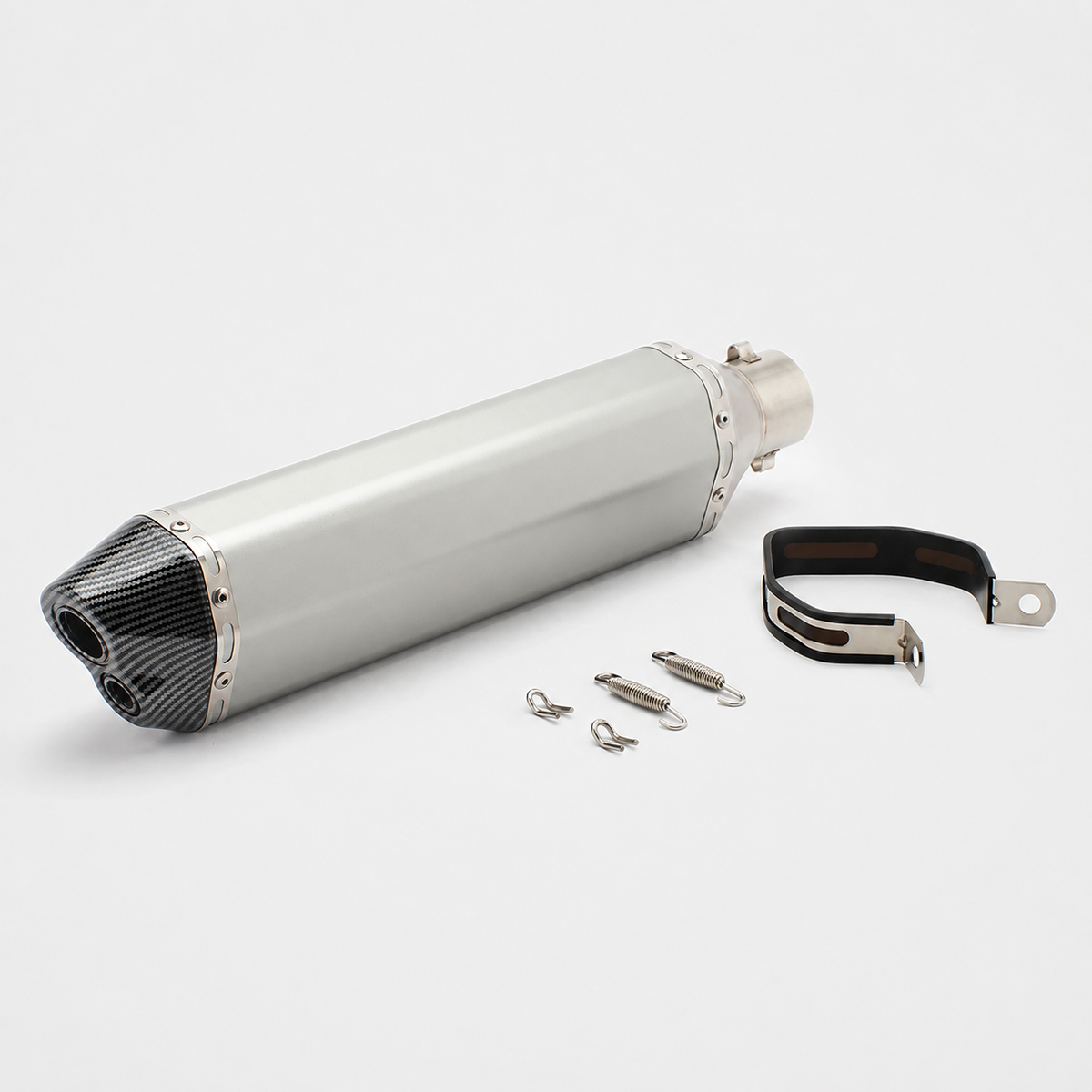Universal 51mm dual-outlet motorcycle muffler in silver