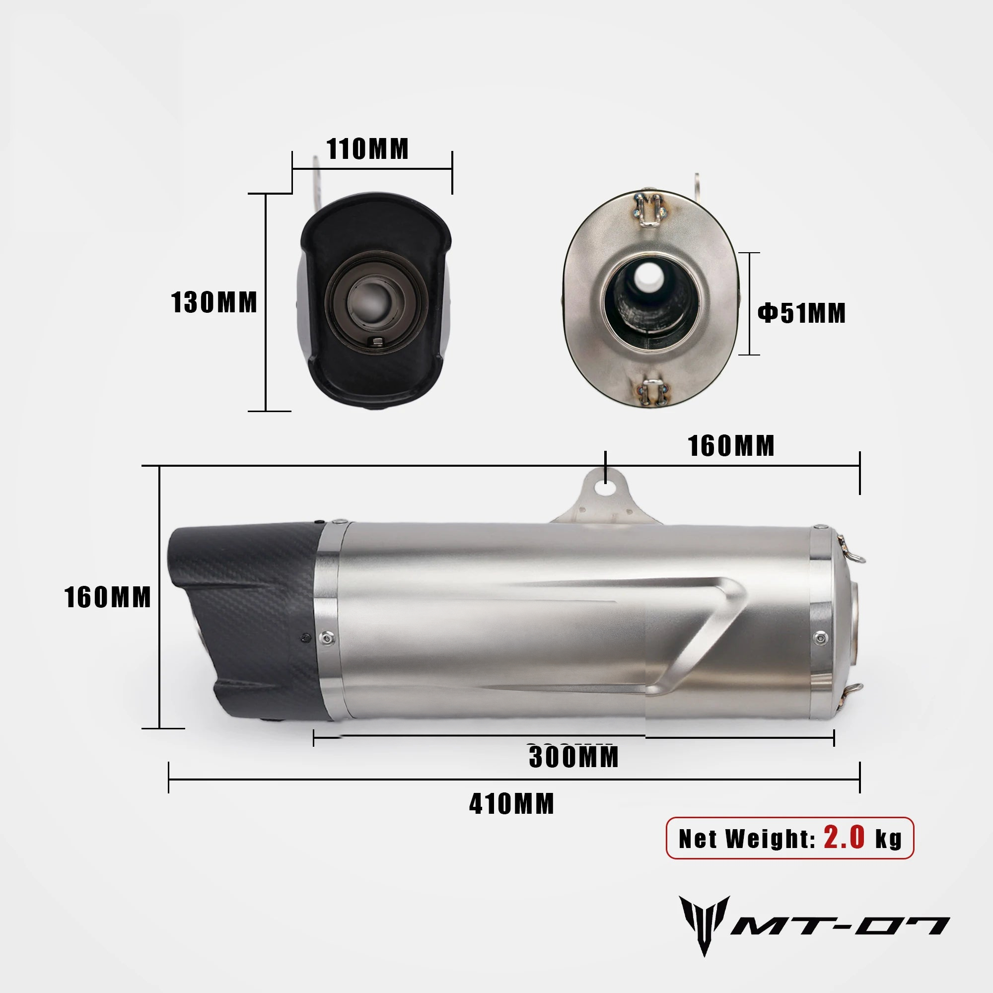 Yamaha MT-07 clean muffler dimensions and net weight specifications