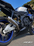 Yamaha YZF-R1M clean titanium exhaust installed angle outdoors