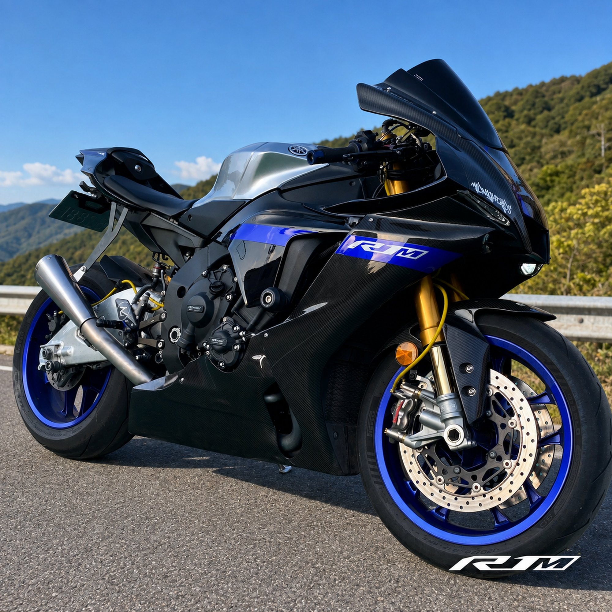 Yamaha YZF-R1M clean titanium exhaust front-side view outdoors