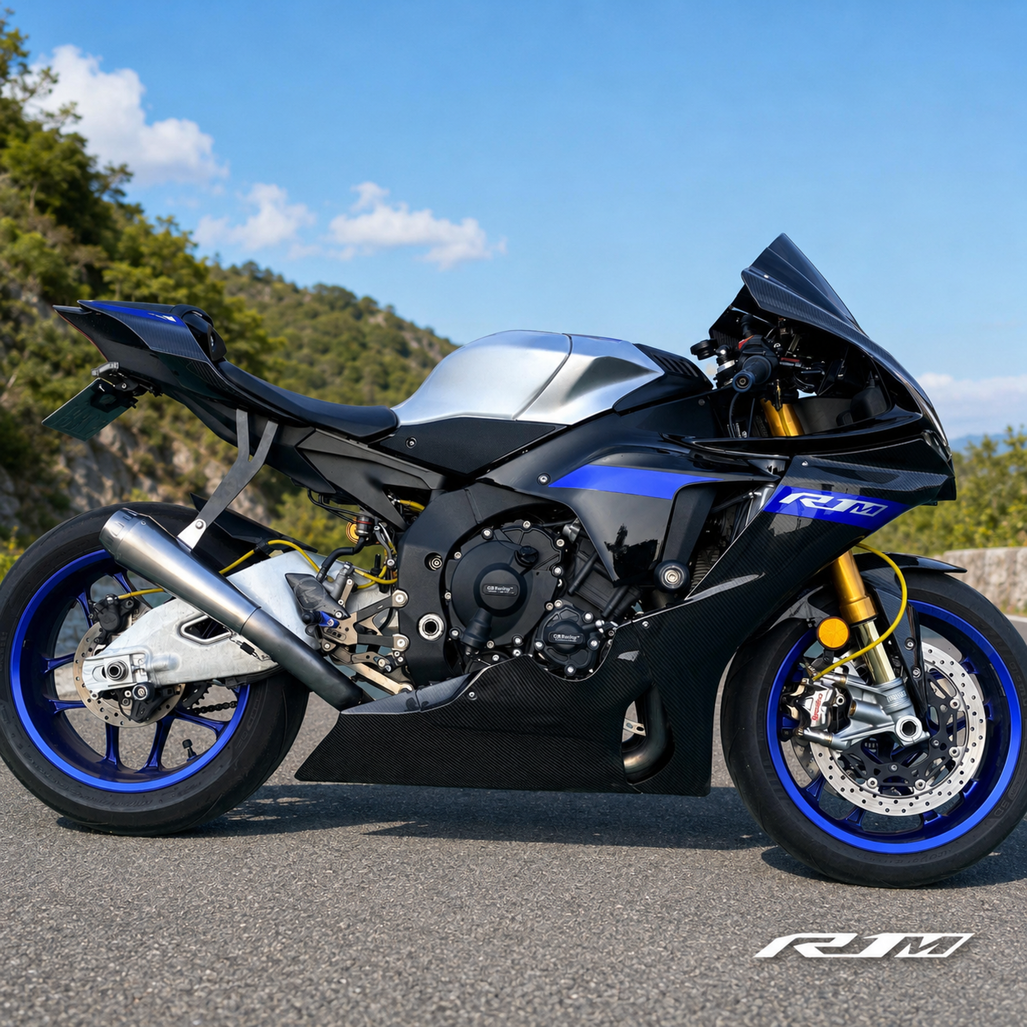 Yamaha YZF-R1M clean titanium exhaust full side view outdoors