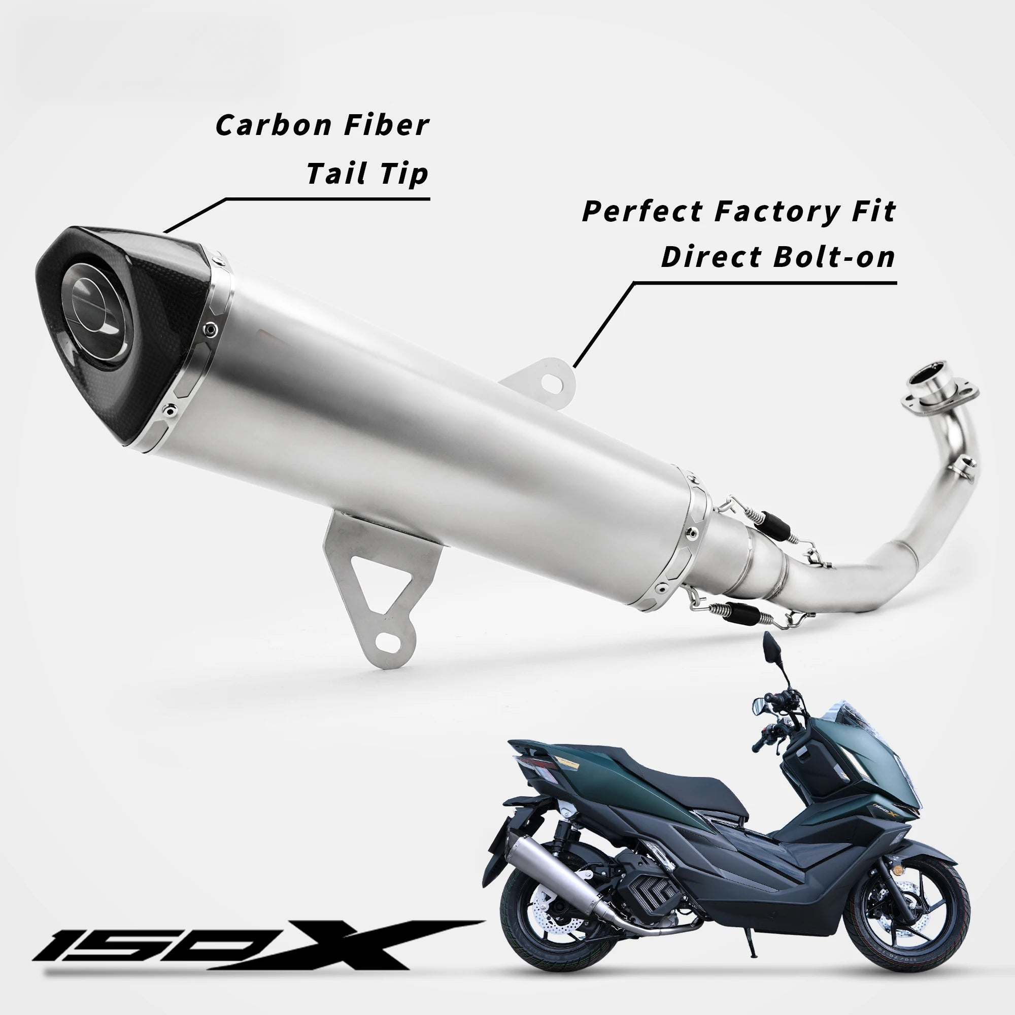 2025-2026 ZONTES 150X Full Exhaust System carbon fiber tip and direct bolt-on details