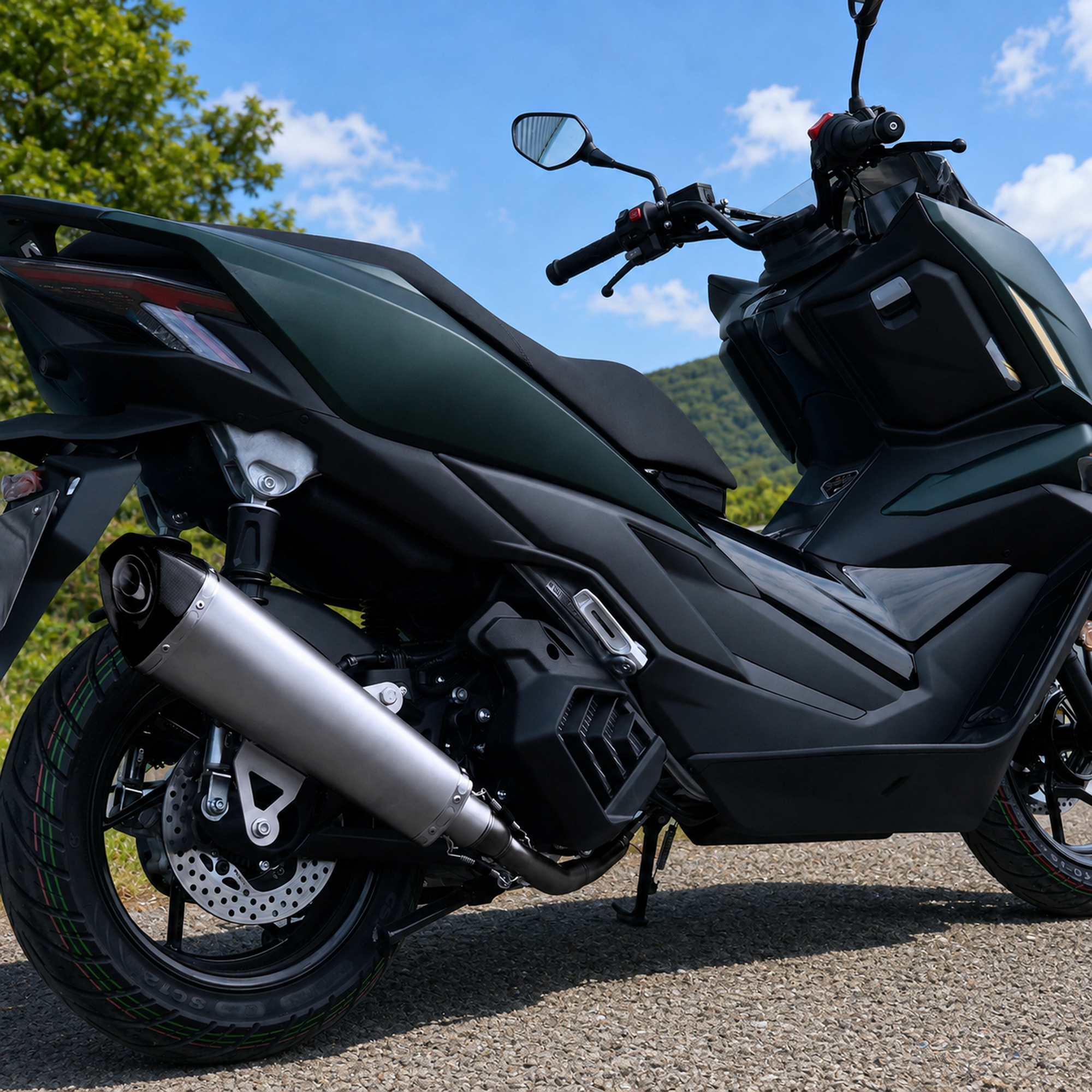 2025-2026 ZONTES 150X Full Exhaust System installed outdoors, close view