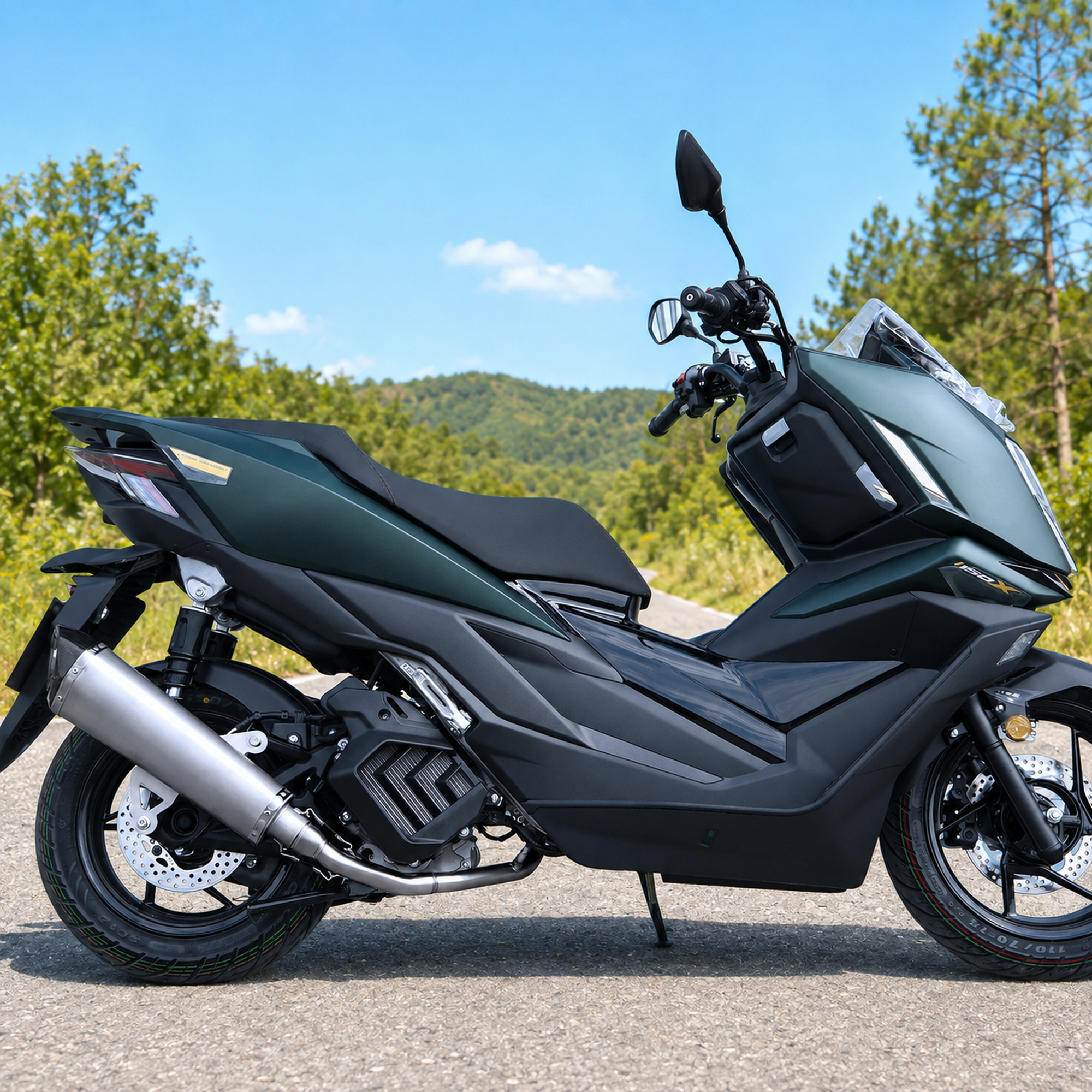 2025-2026 ZONTES 150X Full Exhaust System installed outdoors, side view