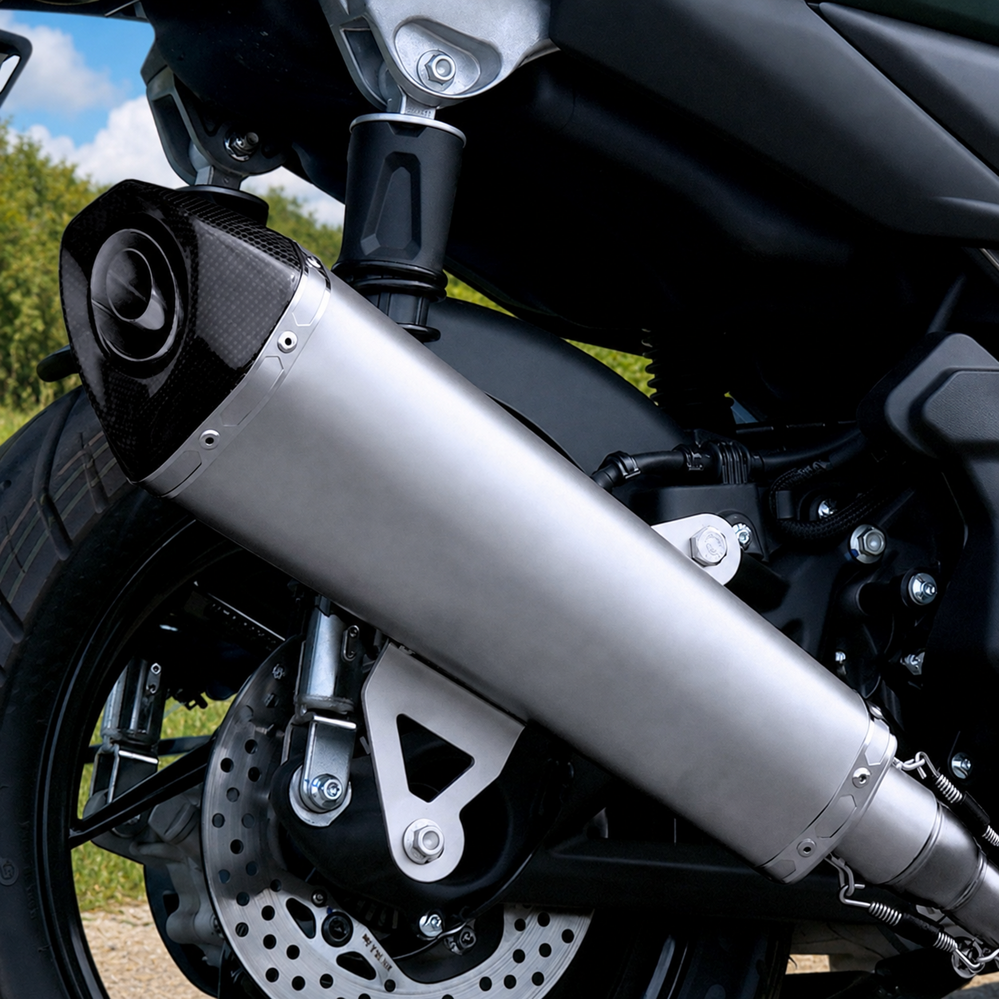2025-2026 ZONTES 150X Full Exhaust System installed outdoors, muffler detail