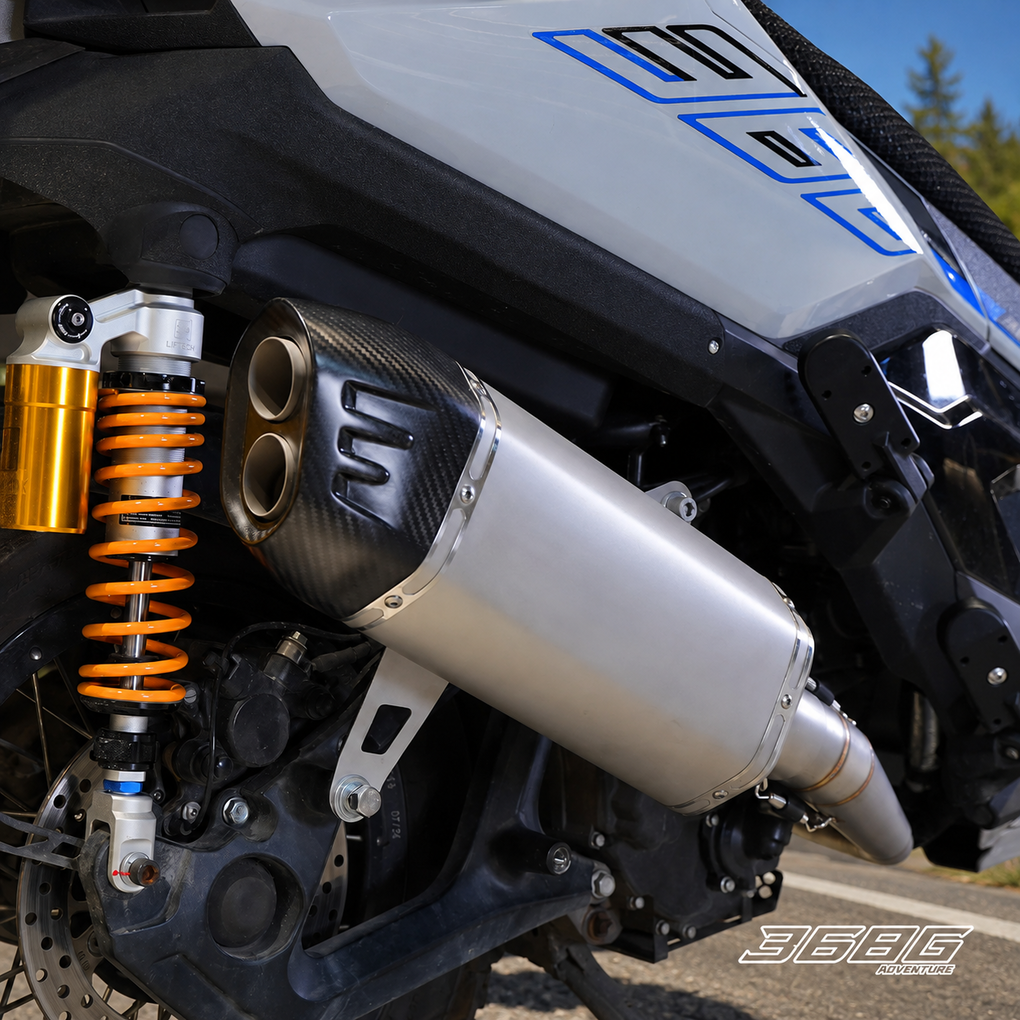 ZONTES 368G dual-outlet muffler installed detail outdoors