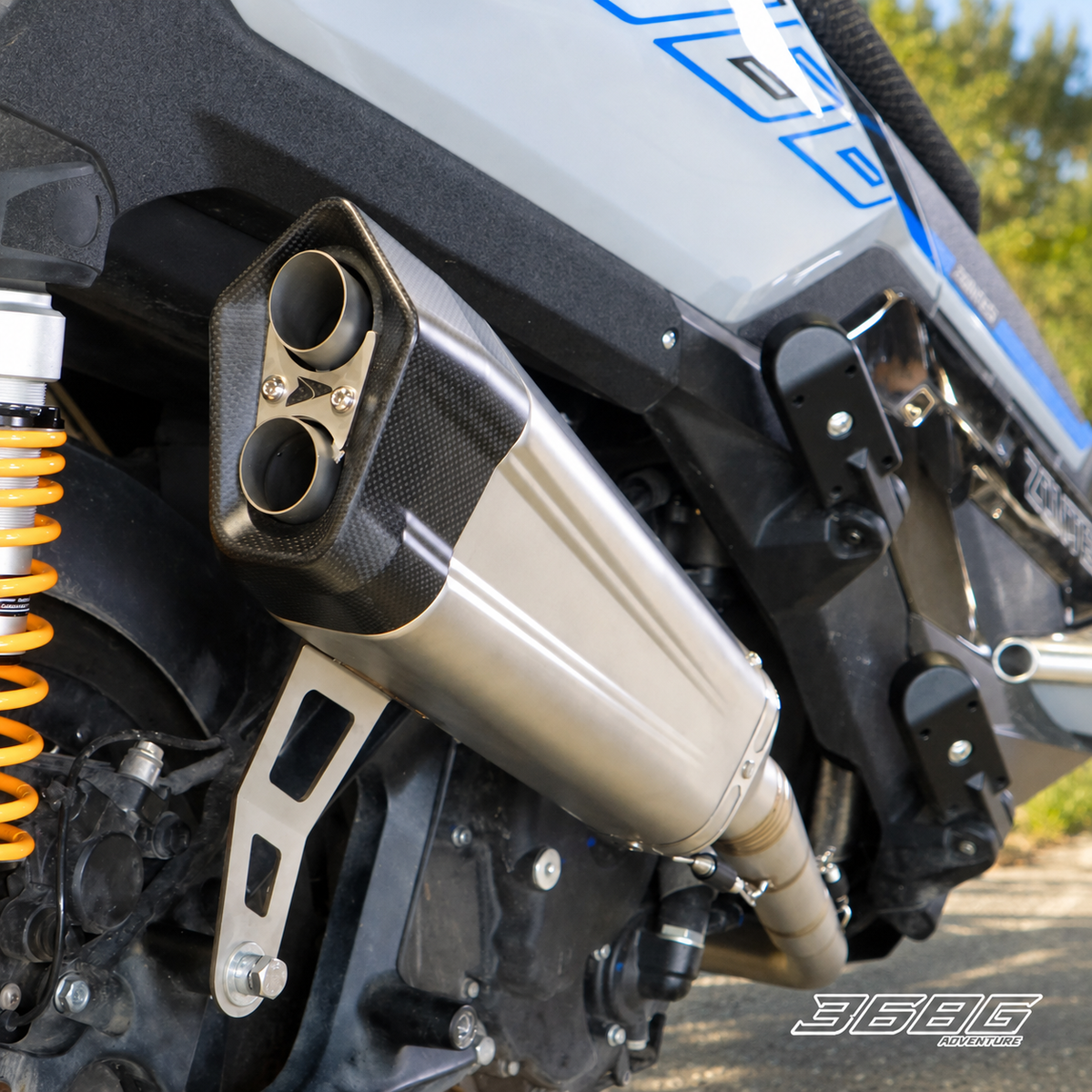 ZONTES 368G clean dual-outlet slip-on exhaust close-up outdoors